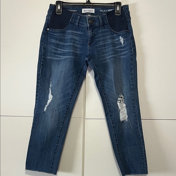 DL1961 Women's Maternity Riley Boyfriend Cropped Blue Distressed Jeans - Picture 3 of 7